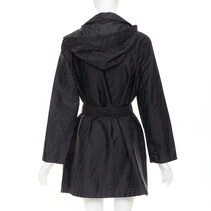 FENDI 1990s Vintage black cotton nylon FF Zucca monogram belt trench coat IT40 S