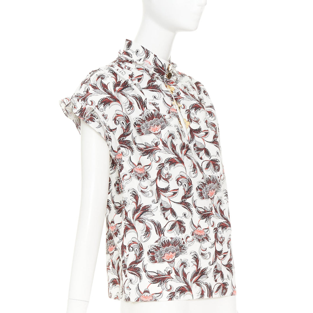 LOUIS VUITTON white red burgundy paisley floral LV button ruffled shirt FR34 XS