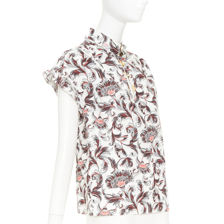 LOUIS VUITTON white red burgundy paisley floral LV button ruffled shirt FR34 XS
