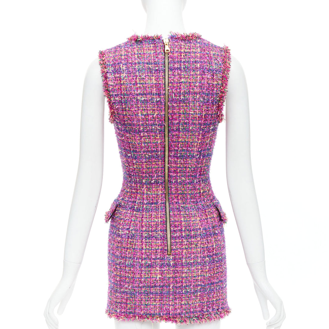 BALMAIN multicolor pink tweed black velvet buttons vest dress FR34 XS