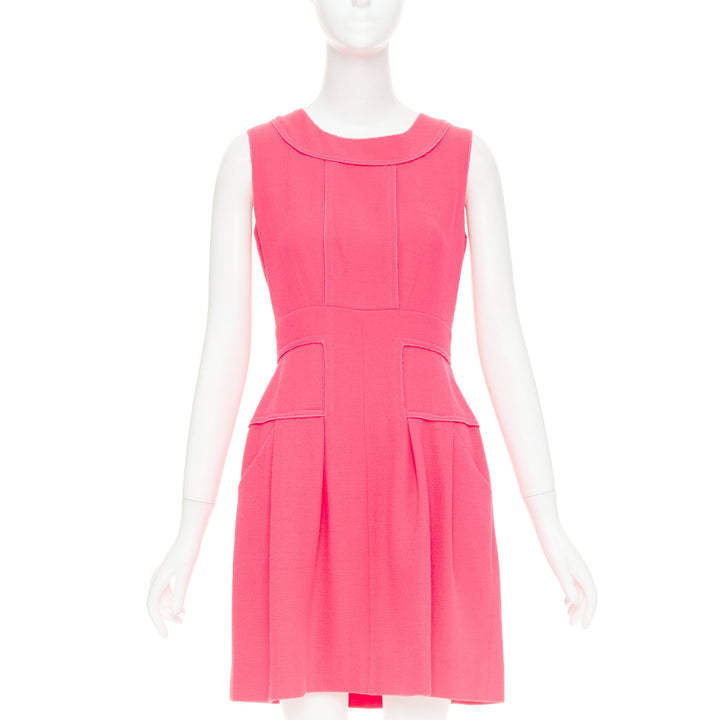 OSCAR DE LA RENTA F10 pink wool panelled round neck pleated A-line dress US2 S