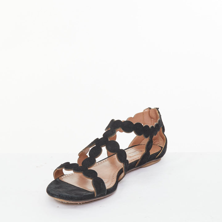 ALAIA 2016 black suede laser cut scalloped cage gladiator open toe sandals EU37