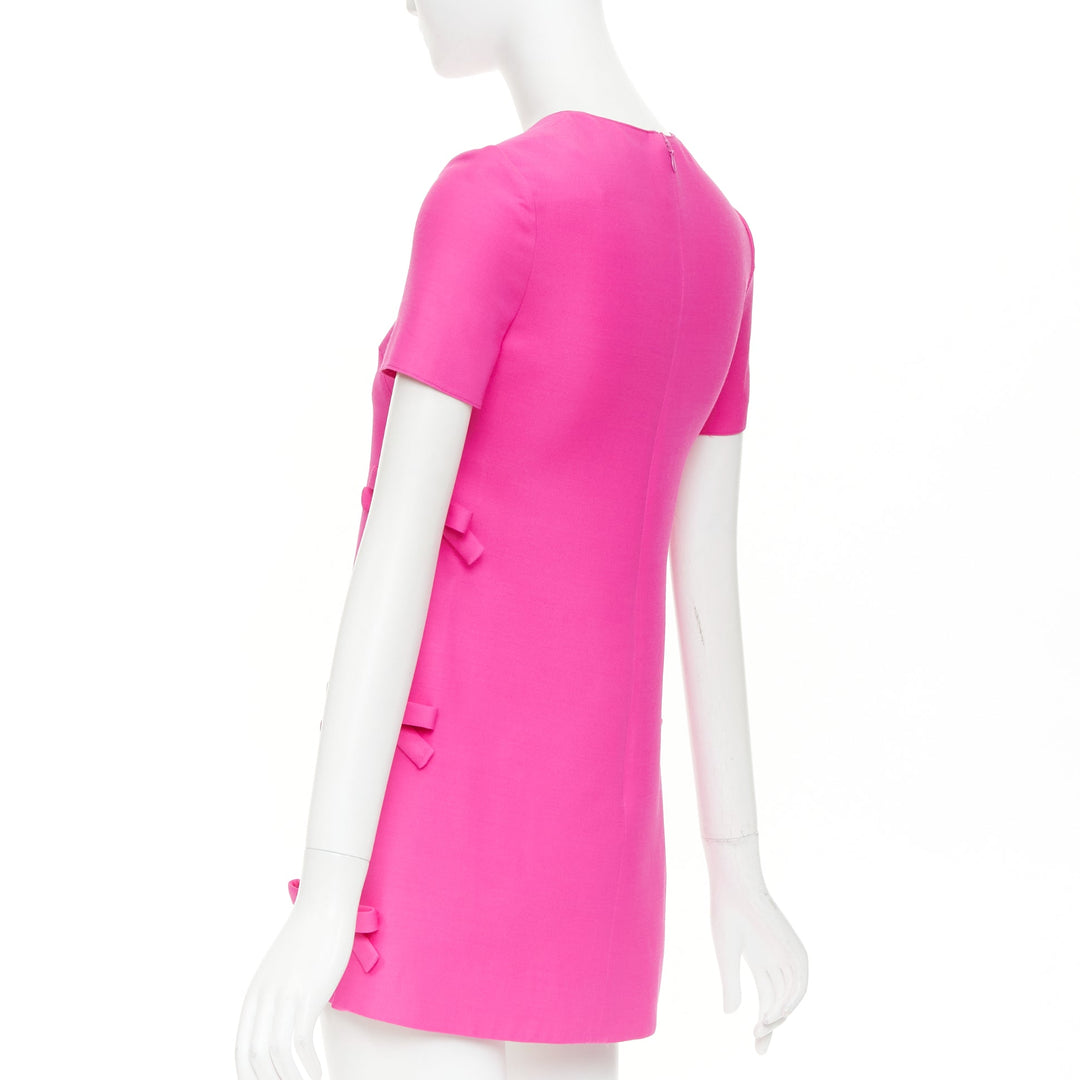 VALENTINO 2022 Runway PP Pink wool silk bow embellishment crew mini dress IT36