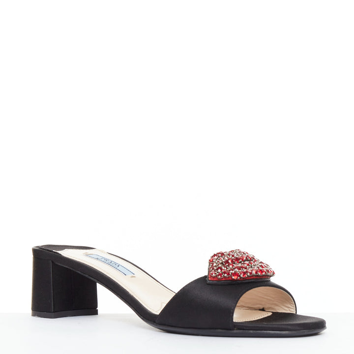 PRADA Special Edition red crystal lip black satin block heeled mules EU37.5