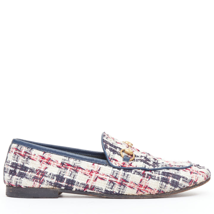 GUCCI Jordaan red blue cream tweed gold horsebit checked flat loafers EU37.5