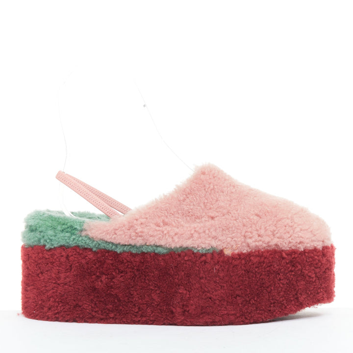 FENDI colorblock pink red green genuine shearling platform slingback mules EU36