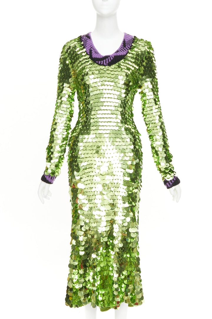 PRADA 2021 Runway green sequin paillettes purple jacquard trim dress IT38 XS
