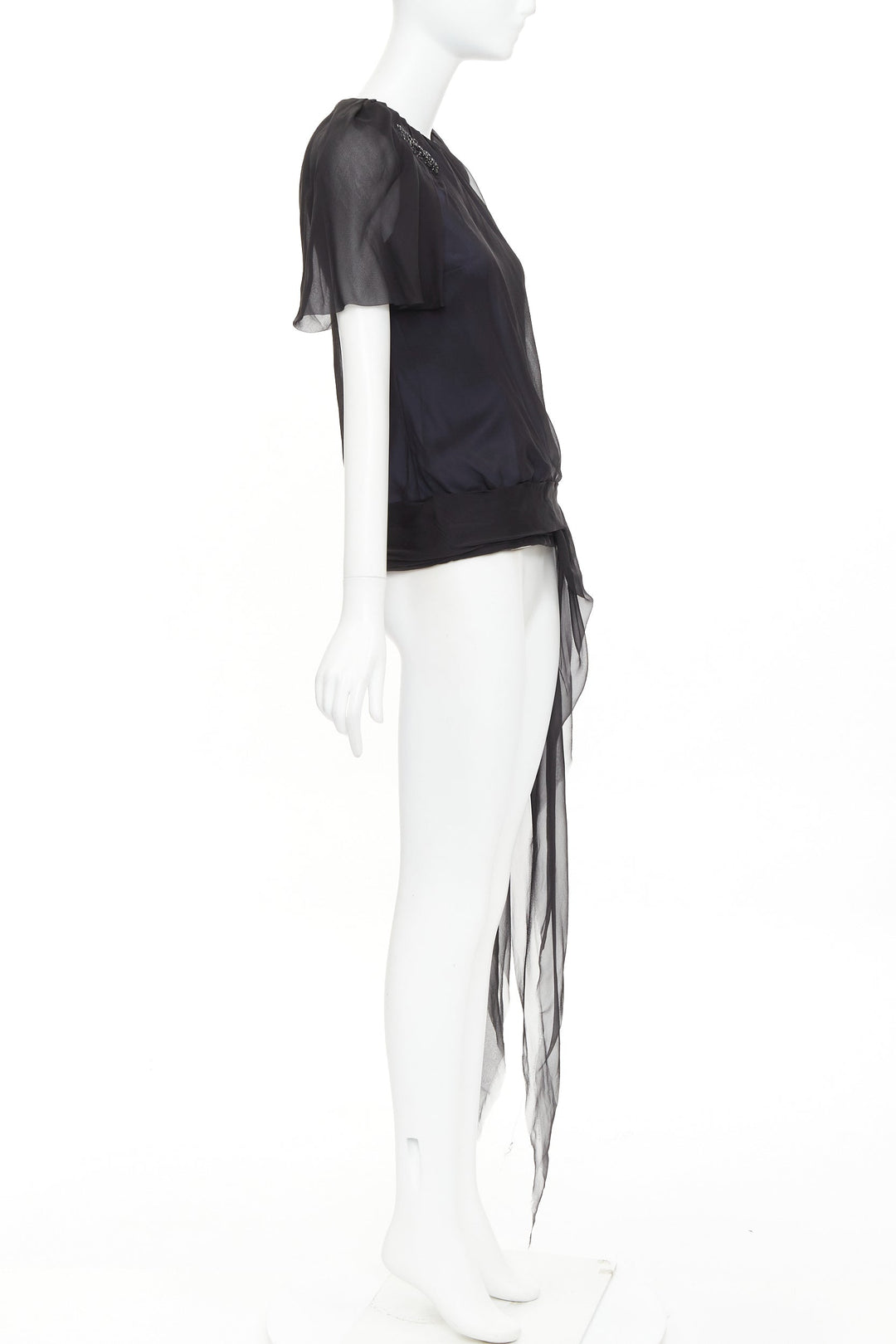 J MENDEL Chiffon Draped Top black beads embellished asymmetric blouse top US2 S