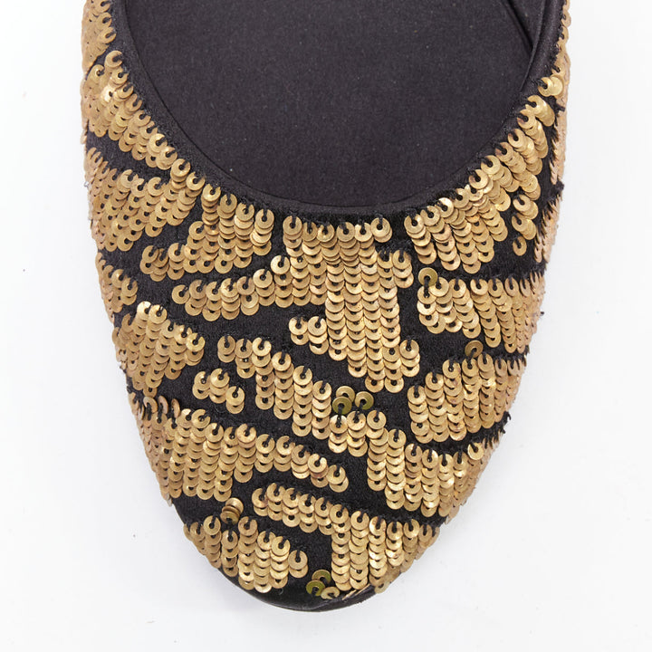 ROGER VIVIER gold sequin black satin half dorsay ballerina flats EU34