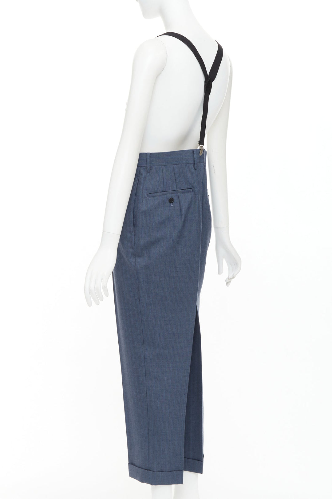 JUNYA WATANABE 2012 blue pinstripe black suspender high waisted harem pants M