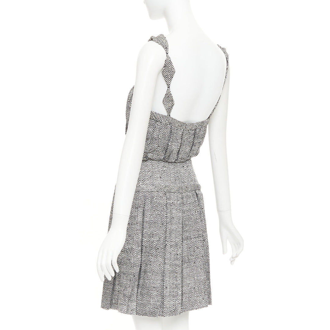 RODARTE Vintage grey Trompe loeil Herringbone silk pleated mini dress US4 S