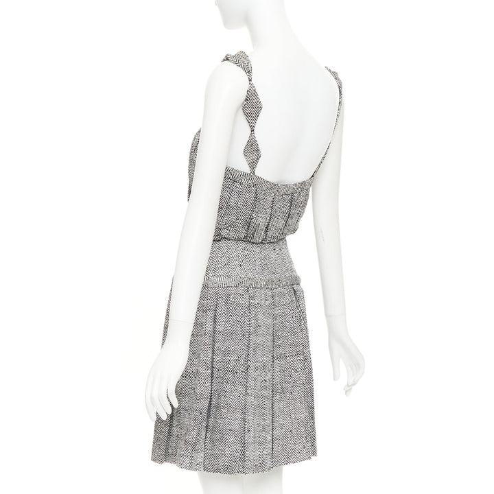 RODARTE Vintage grey Trompe loeil Herringbone silk pleated mini dress US4 S