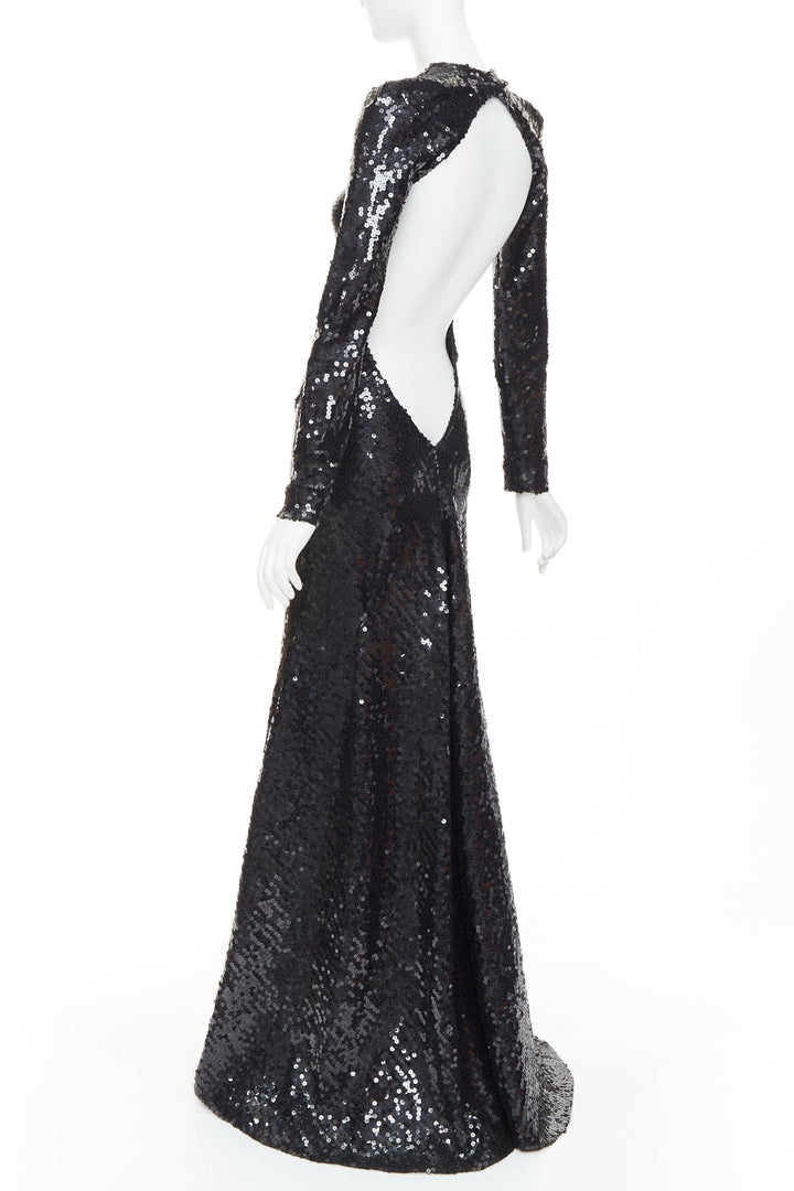 ALEXANDRE VAUTHIER black sequins long sleeve open back fishtail gown dress