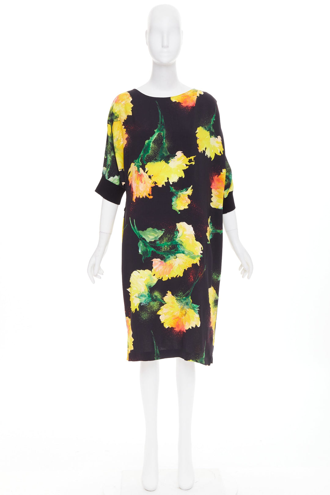 ESCADA graphic floral yellow orange black viscose dolman sleeve dress FR42 XL