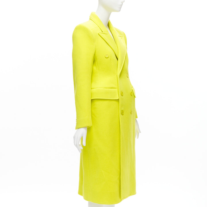 Female mannequin wearing Balenciaga by Demna 2019 Neon Green Virgin Wool Women Coat in Size FR34 | Available at JHROP