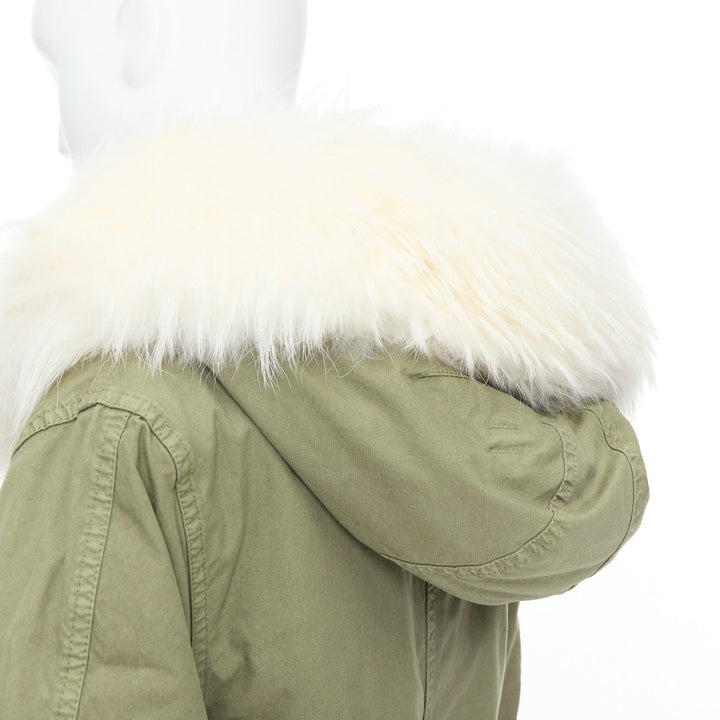 MR AND MRS ITALY  white fur lined hooded military green parka coat XXS