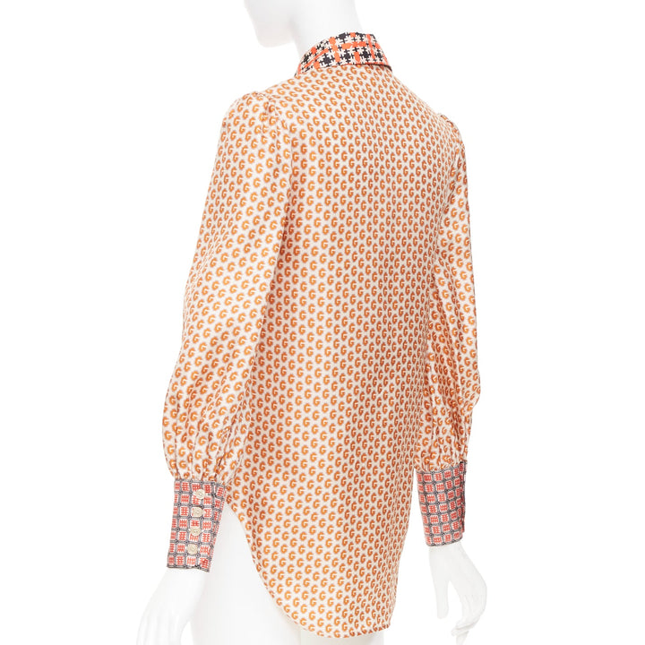 GUCCI Romain GG mixed print geometric pussy bow silk twill shirt blouse IT36 XXS