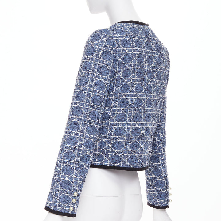 DIOR Macrocannage Technical Cotton Tweed blue white pearl button jacket FR34 XS