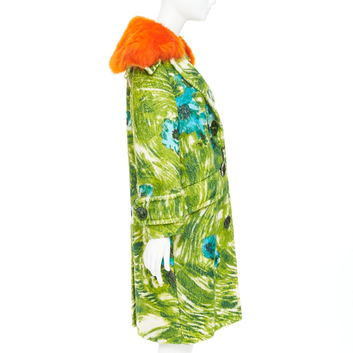 PRADA 2017 Runway alpaca wool felt green floral orange fur collar coat IT40 S