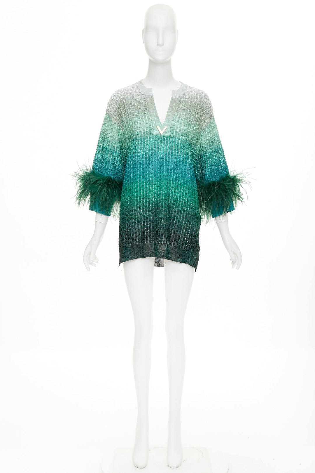 VALENTINO 2023 green grey lurex ombre ostrich feather trim knitted tunic top XS