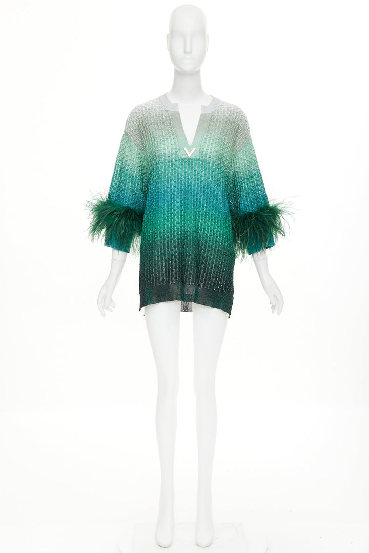 VALENTINO 2023 green grey lurex ombre ostrich feather trim knitted tunic top XS