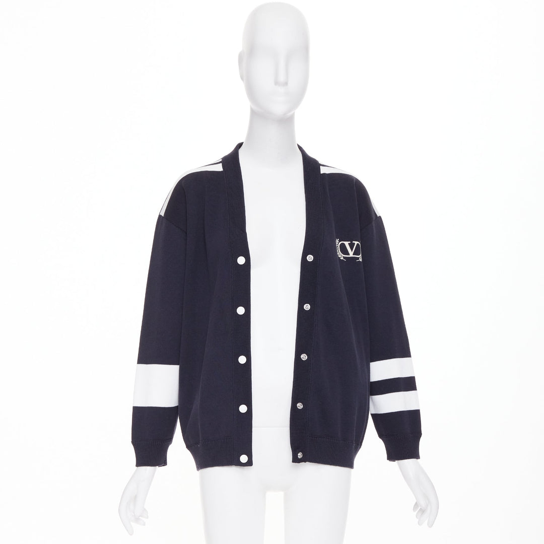 VALENTINO 2022 Vlogo Crest Laurel Crest navy white embroidery varsity cardigan S