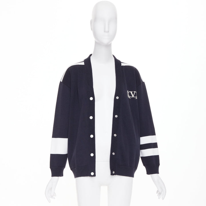 VALENTINO 2022 Vlogo Crest Laurel Crest navy white embroidery varsity cardigan S