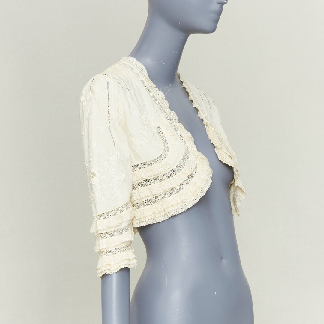ANNA SUI cream cotton intricate lace floral embroidery ruffle trim bolero jacket