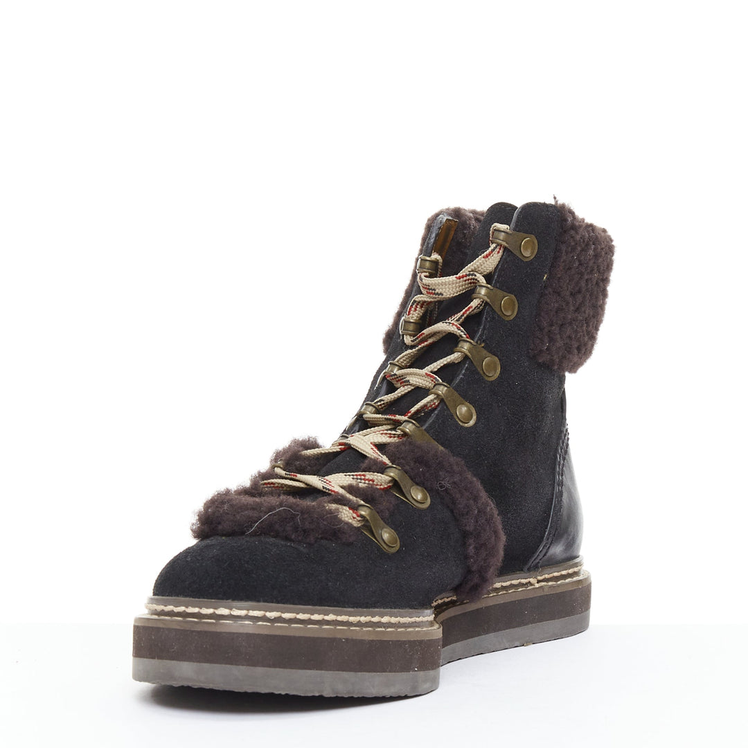SEE BY CHLOE Eileen brown shearling black suede mountain hiking boots EU37