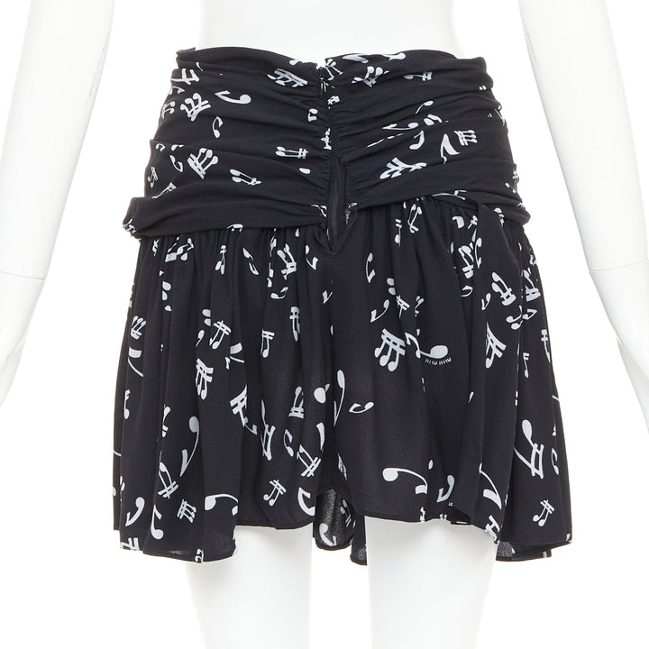 MIU MIU 2013 black white viscose blend musical notes ruched mini skirt IT36 XXS