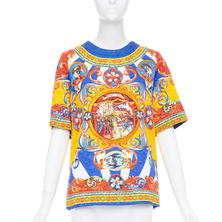DOLCE GABBANA Carretto Siciliano yellow blue print jacquard tunic top IT40 S