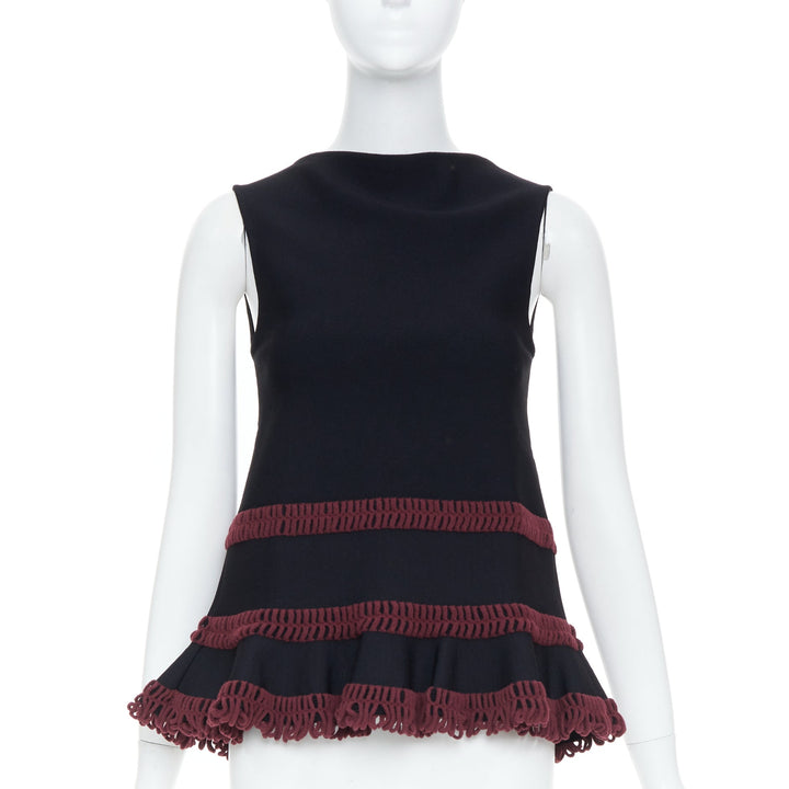 ALAIA burgundy openwork crochet tiered ruffle viscose blend peplum top FR36 S
