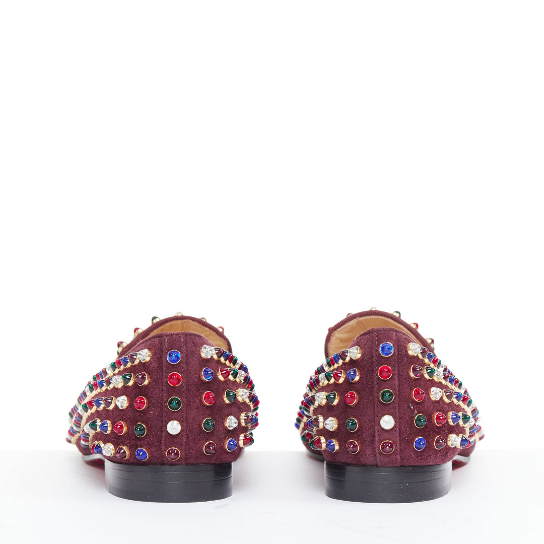 CHRISTIAN LOUBOUTIN burgundy suede jewel tone gripoix stone stud loafers EU36.5