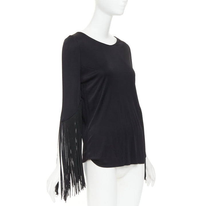GALVAN 2018 Vesper black viscose fringe roped half sleeve bateau neck top FR40 S
