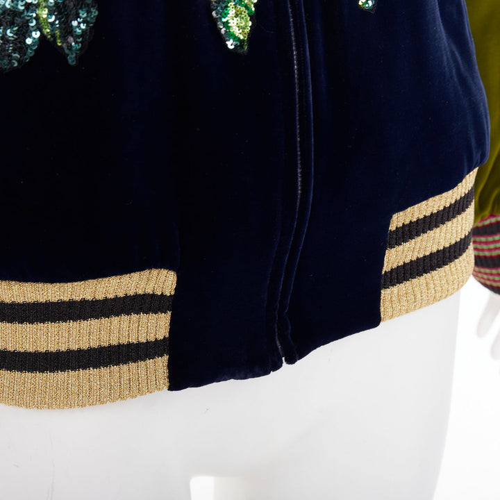 GUCCI Alessandro Michele 2017 navy olive rose sequin velvet bomber jacket IT40 S
