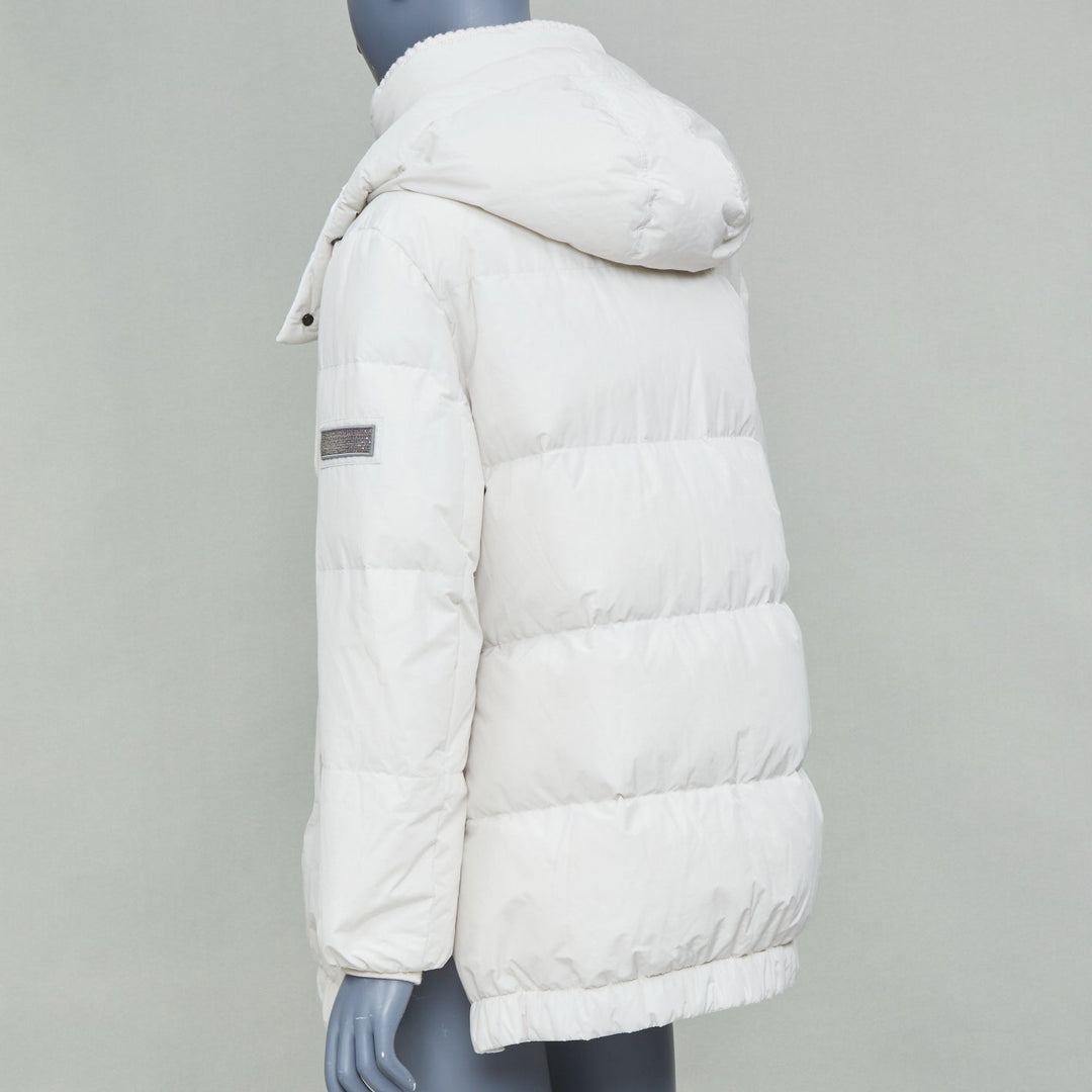 BRUNELLO CUCINELLI white puffer hooded cashmere trim down coat jacket IT40 S