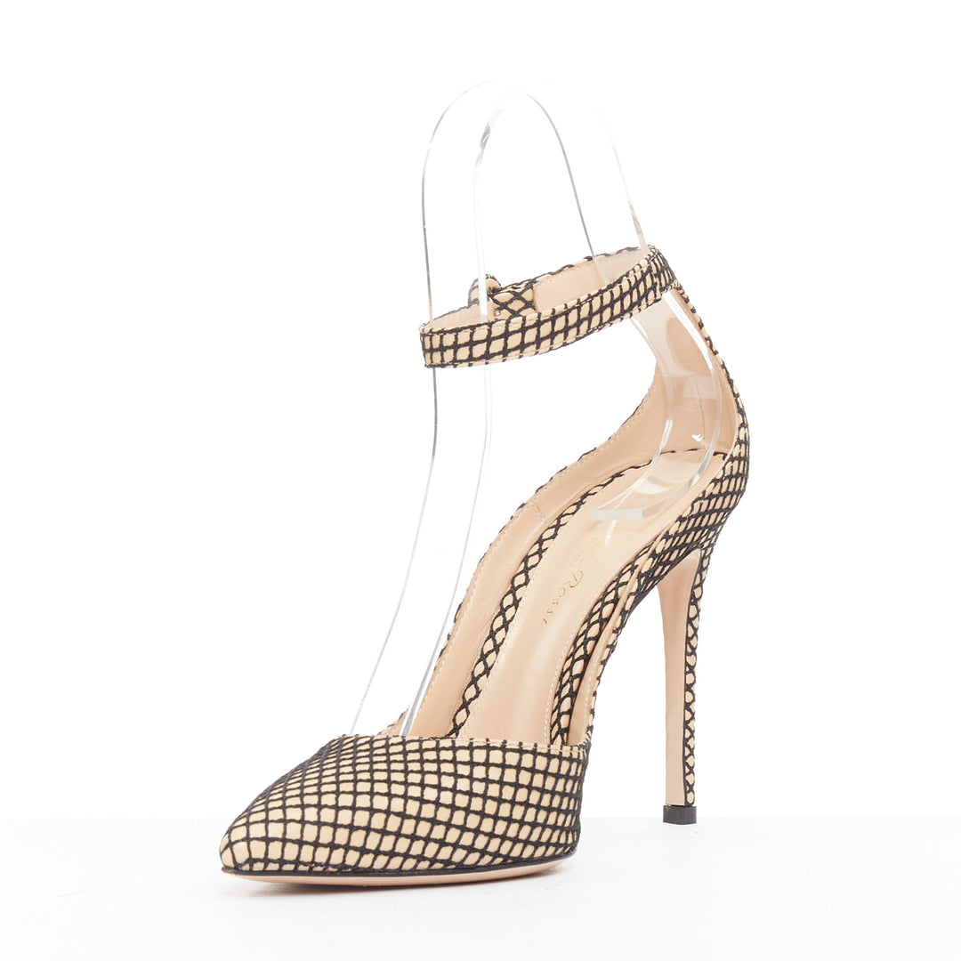 GIANVITO ROSSI Sofia nude nappa black fishnet ankle straps pumps EU37.5