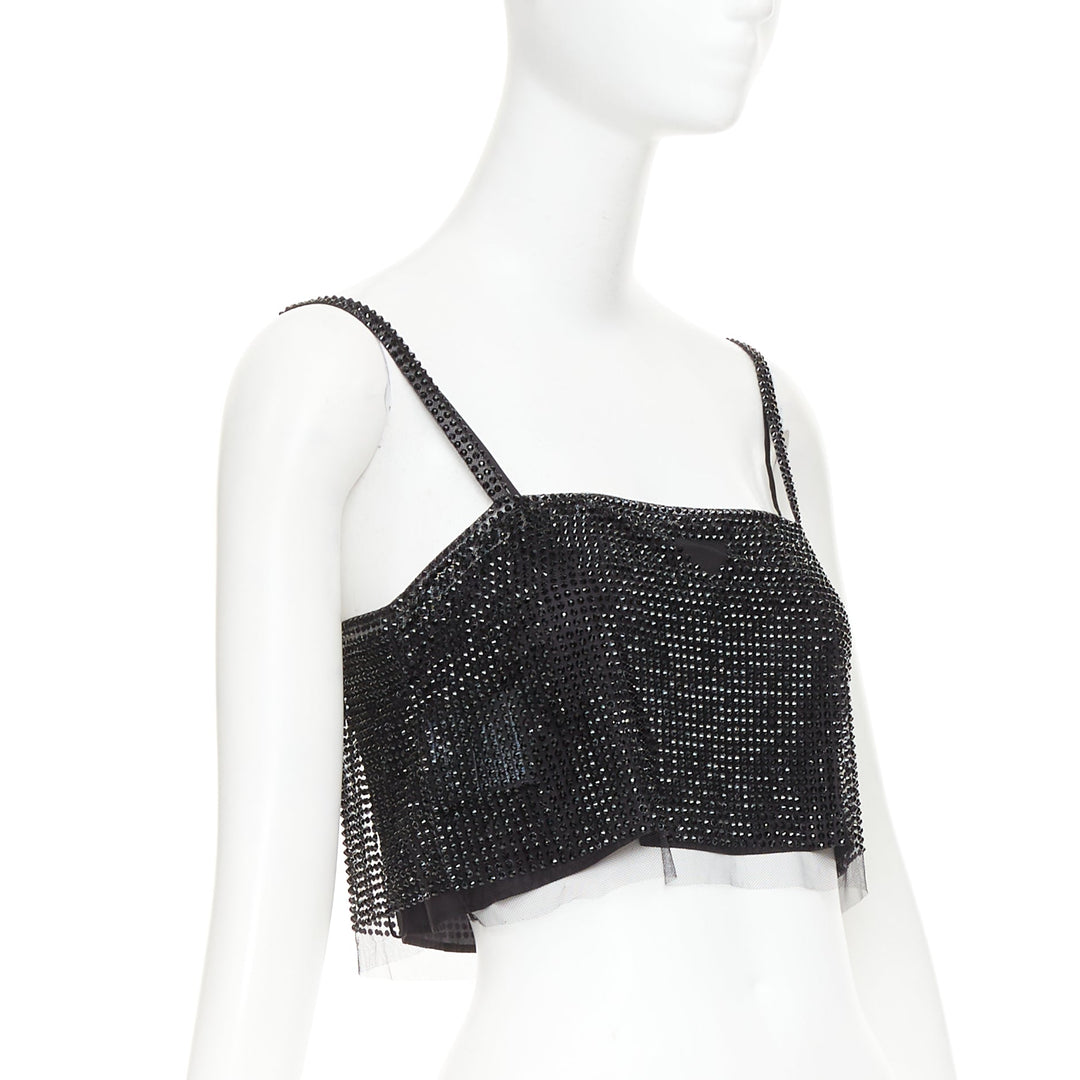 PRADA 2021 black crystal rhinestone mesh space spaghetti strap crop top IT38 XS