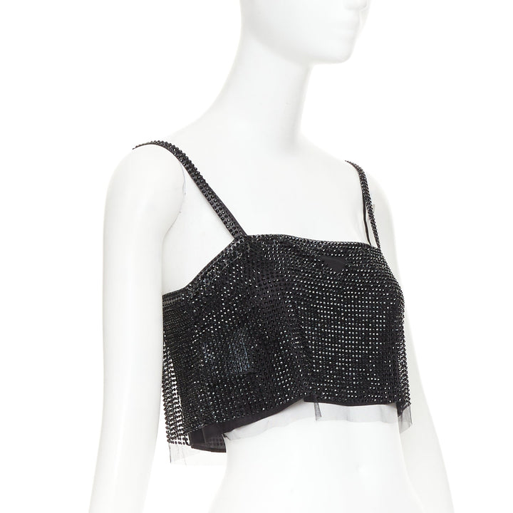 PRADA 2021 black crystal rhinestone mesh space spaghetti strap crop top IT38 XS