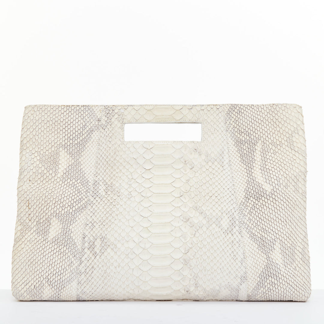 NANCY GONZALEZ cream matte scaled leather front pocket flat shopper tote bag