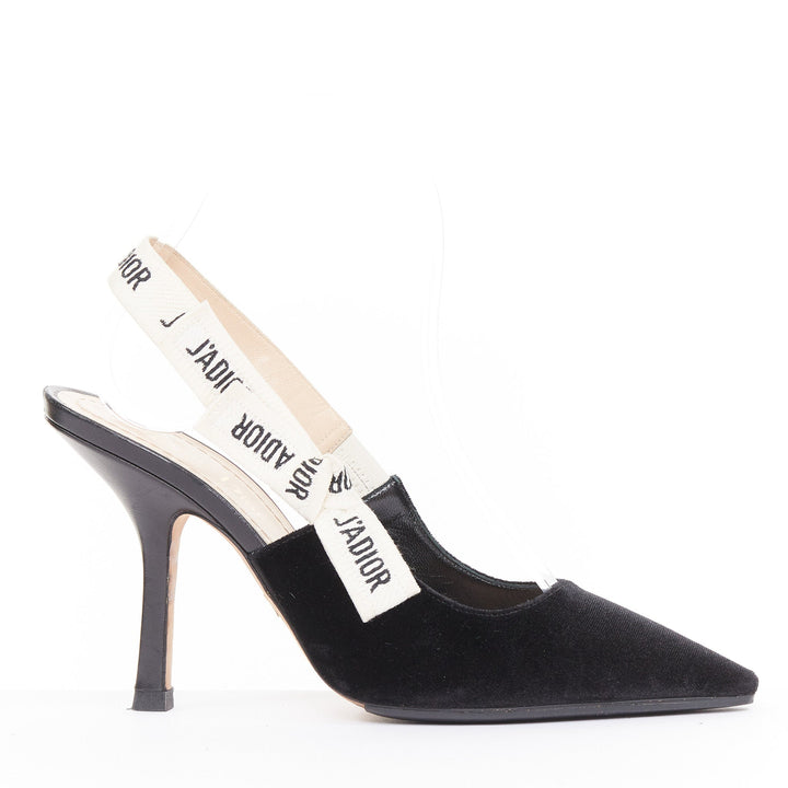 CHRISTIAN DIOR 2017 JAdior black velvet embroidered ribbon slingback pumps EU37D
