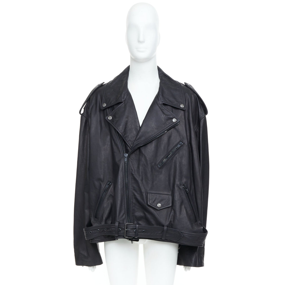 BALENCIAGA 2024 Demna black super oversized cowhide leather moto biker jacket L