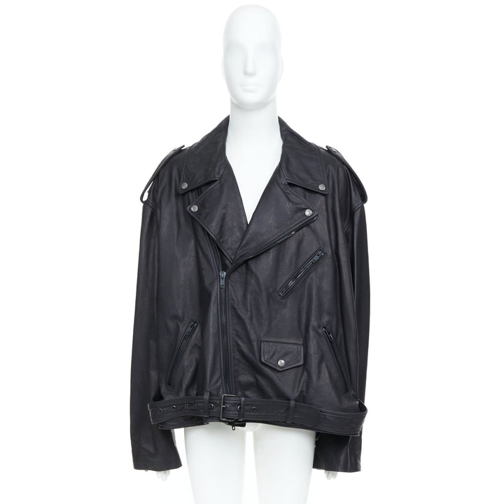 BALENCIAGA 2024 Demna black super oversized cowhide leather moto biker jacket L