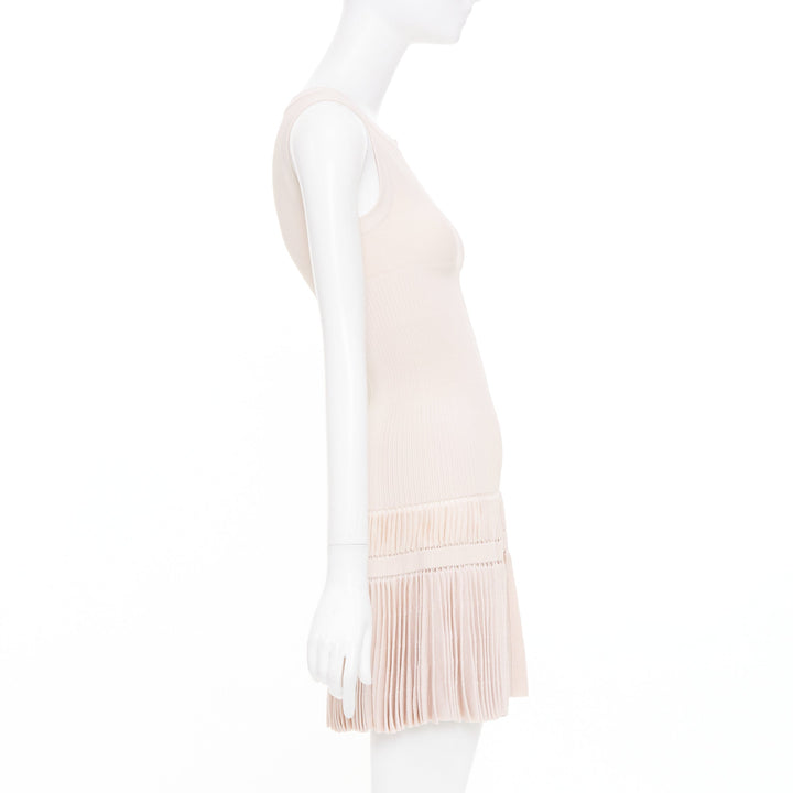 ALAIA pale blush pink open work drop waist plisse fringe knit mini dress FR36 S