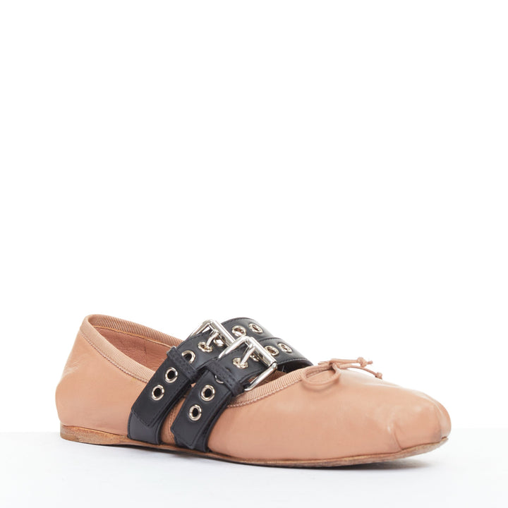 MIU MIU beige leather double black buckle punk strap ballet flats EU37.5
