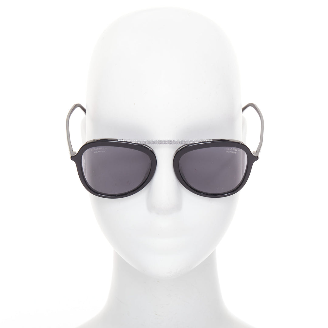 CHANEL 5381A black acetate silver brow bar aviator pilot sunglasses