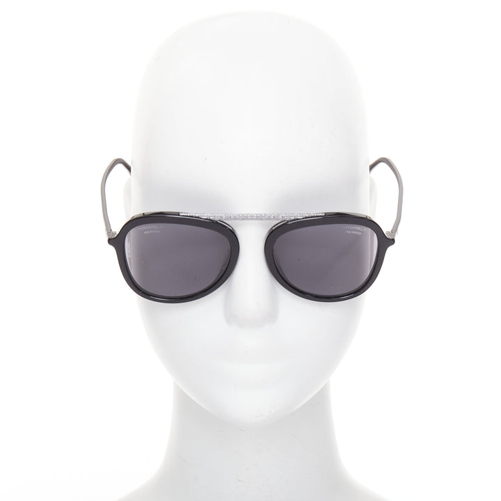 CHANEL 5381A black acetate silver brow bar aviator pilot sunglasses
