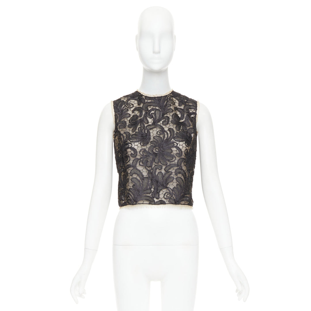 DOLCE GABBANA black nude overlay applique lace crew neck crop top IT40 S