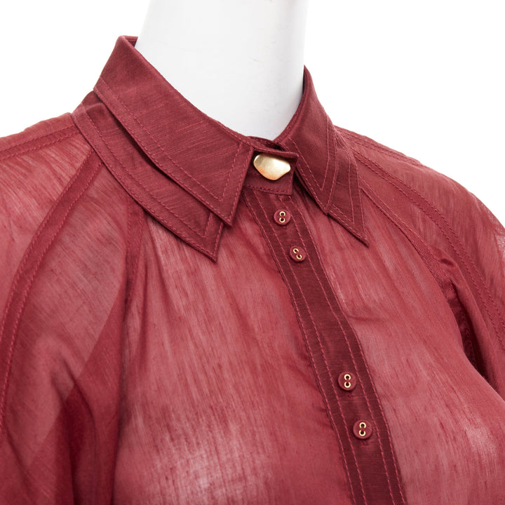 AJE Palms burgundy silk linen puff sleeve raglan multi buttons shirt UK6 XS