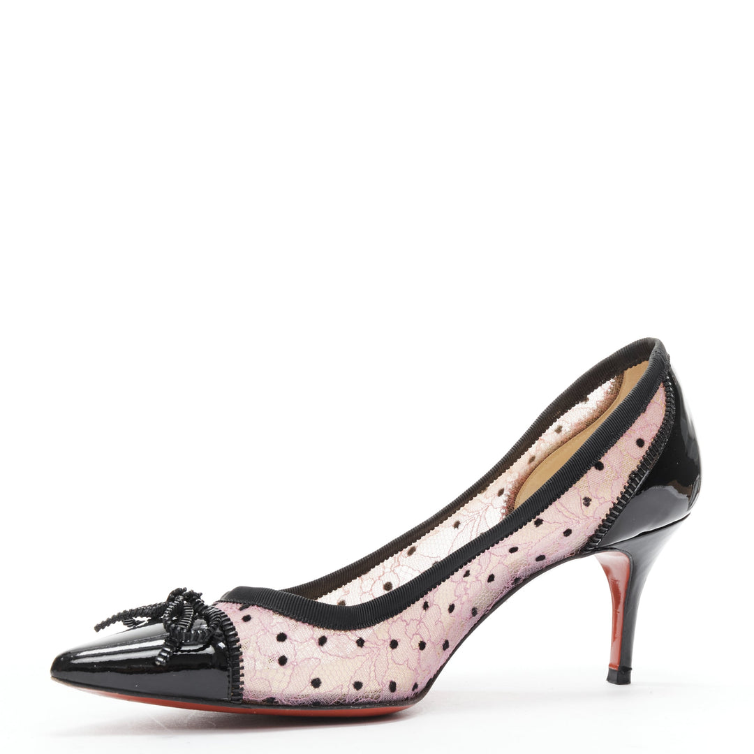 CHRISITIAN LOUBOUTIN Souris 70 pink lace polka dot bow kitten heel EU37.5